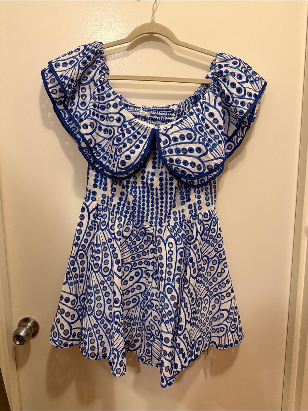 Blue & White Ruffled Off-Shoulder Dress